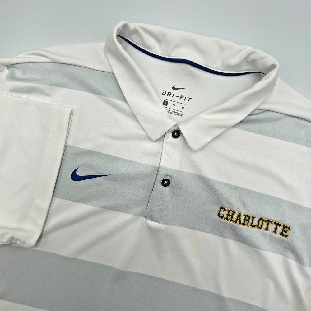 Nike Golf Dri Fit Mens XL Polo White & Gray Striped UNC Charlotte Embroider Logo